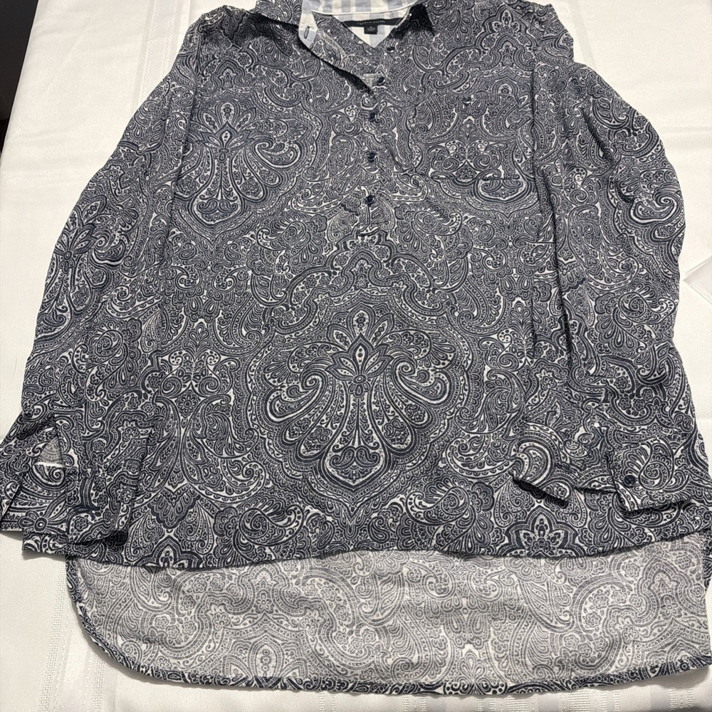 Tommy Hilfiger Navy White Paisley High Low Blouse XL Long Sleeve Button Front